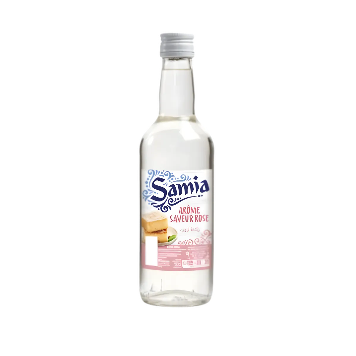 Bouteille d'Arôme de rose SAMIA 500ml, arôme culinaire floral pour pâtisseries, crèmes, thés et cocktails. Épicerie sucrée de qualité.